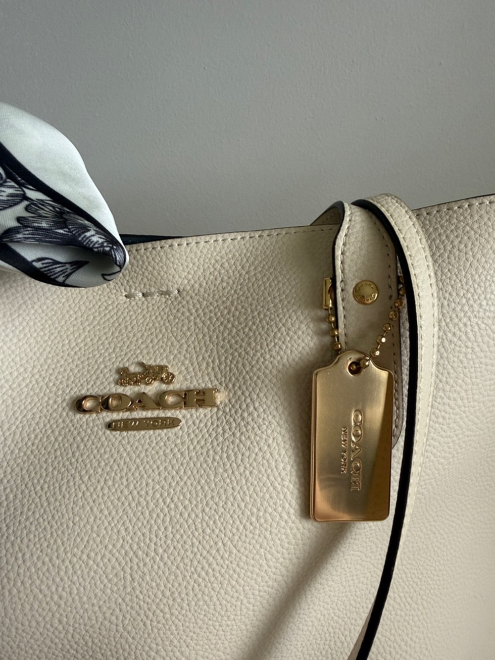 Coach Pebbled Chalk Leather Town Tote with Brown Pouch and a scarf accent - Picture 3 of 13